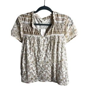 Lucky Brand Floral Boho Blouse Top Size Med Tan Pink Smocked Tie Neck NEW